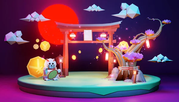 Mor arka plan 3D kırmızılaştırma ile adada Japonca