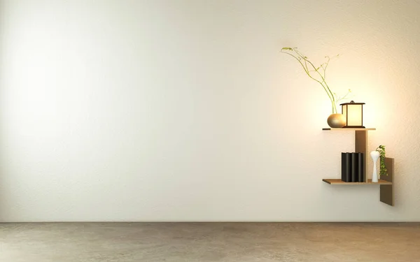 Modern boş oda Japoncasında duvarda bir raf var. Zen tarzı, minimal tasarımlar. 3B görüntüleme
