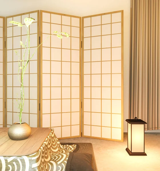 Papier Cloison Japonais Design Bois Sur Sol Tatami Salon — Photo