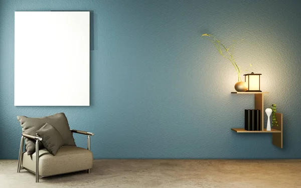 住着日本风格的深蓝色房间 地板混凝土上有木制桌子 灯具和扶手椅 3D渲染 — 图库照片