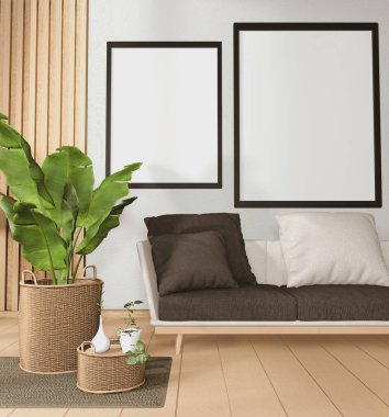 Üç boyutlu ahşap döşeme üzerinde kanepe ve bitki süslemeleri olan tropikal bir oda.