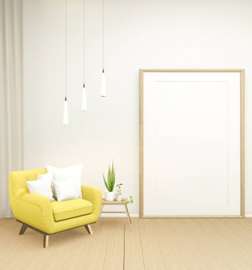 İç tasarım boş oda Japon dizaynında bir koltuğu var, 3 boyutlu.