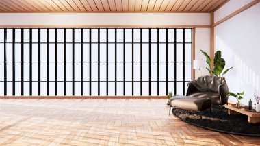 İç tasarım boş oda Japon dizaynında bir koltuğu var, 3 boyutlu.