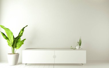 Modern boş odadaki televizyon dolabı Japonca - zen tarzı, minimal tasarımlar. 3B görüntüleme