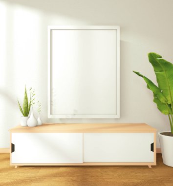 Beyaz arka planda, modern zen oturma odasındaki televizyon dolabı, 3D görüntüleme