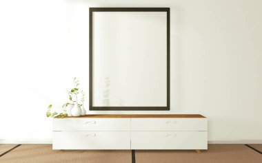 Modern zen oturma odasındaki duvardaki ve dolaptaki çerçeve 3 boyutlu.