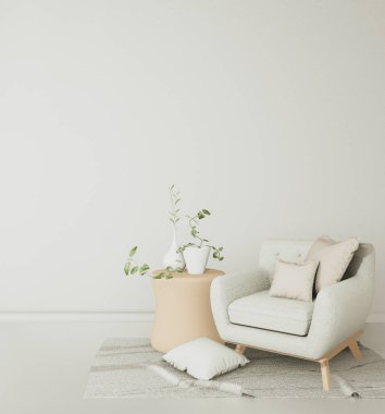 Minimalist, ahşap zeminli ve 3D dekorasyonlu modern oturma odası.