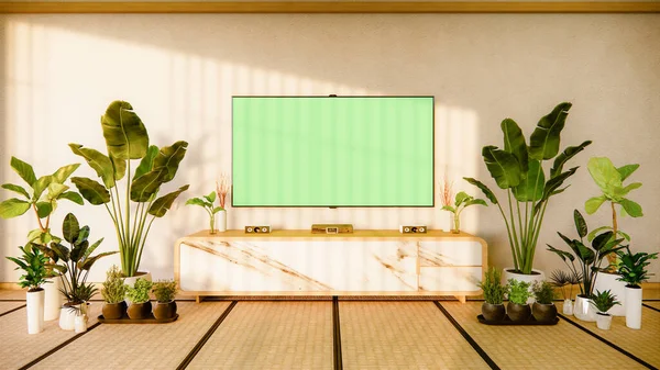 Tv cabinet in japanese living room on white wall background,3d rendering