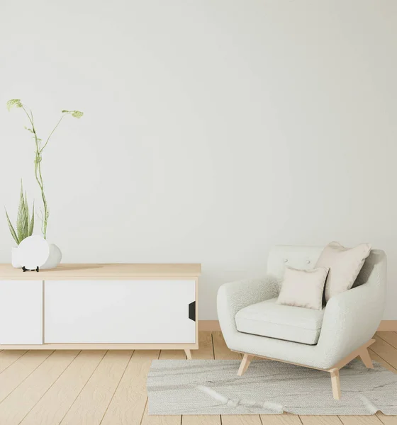 日本现代白色房间的扶手椅小而木制的橱柜 3D渲染 — 图库照片