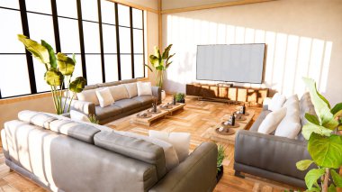 Japon oturma odasındaki kanepe ve dolap beyaz arka planda, 3 boyutlu.