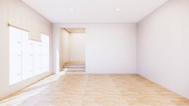 Geniş oda, geniş açık. Temiz beyaz duvar ve ahşap döşeme. Oda 3D 'ye güneş ışığı giriyor.