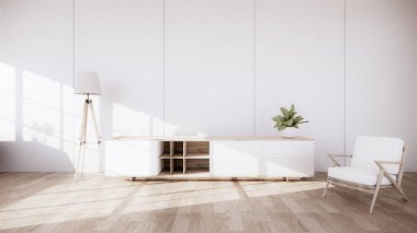 Modern odada dolap ve Japon tarzında beyaz duvar. 3d oluşturma