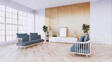 Her iki tarafında gri kanepeler olan büyük bir oturma odası, ortada bir dolap var ahşap duvar tasarımı ve zemin ahşap kaplama 3D