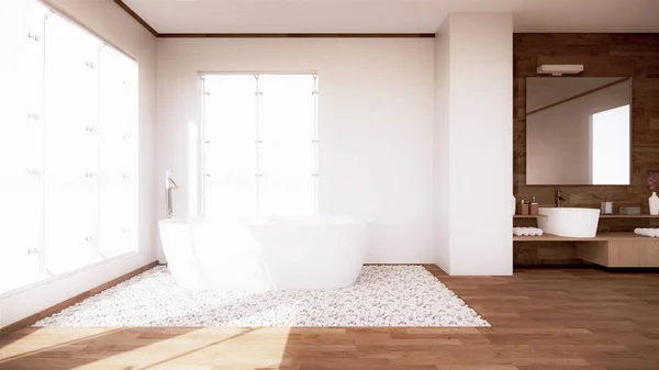 Banheira Banho Banheira Interior Com Parede Branca Piso Madeira Renderização — Fotografia de Stock