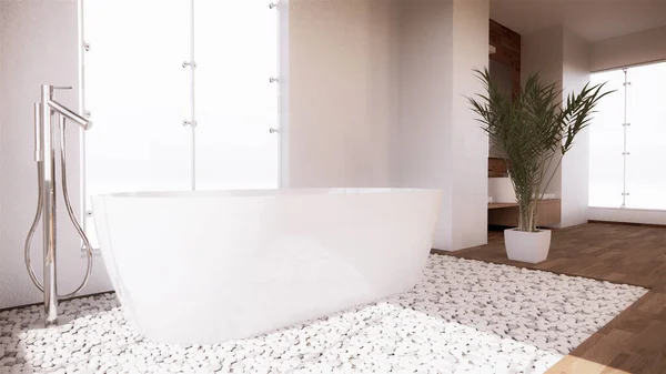 Banheira Banho Banheira Interior Com Parede Branca Piso Madeira Renderização — Fotografia de Stock