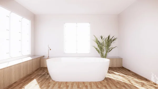 Cuarto Baño Bañera Interior Con Pared Suelo Blanco Madera Renderizado —  Fotos de Stock