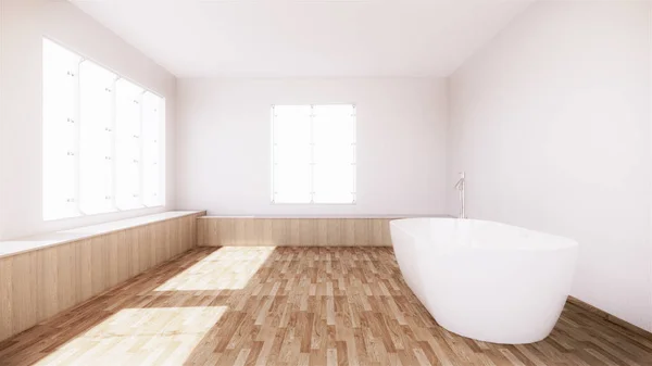 Wnętrze Łaźni Wanna Białą Drewnianą Podłogą Renderowanie — Zdjęcie stockowe