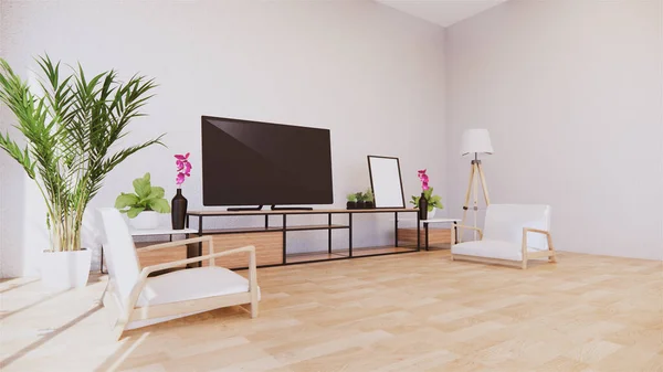 Nojatuoli Kaappi Huoneen Valkoinen Seinä Minimalistinen Zen Interior Renderöinti — kuvapankkivalokuva