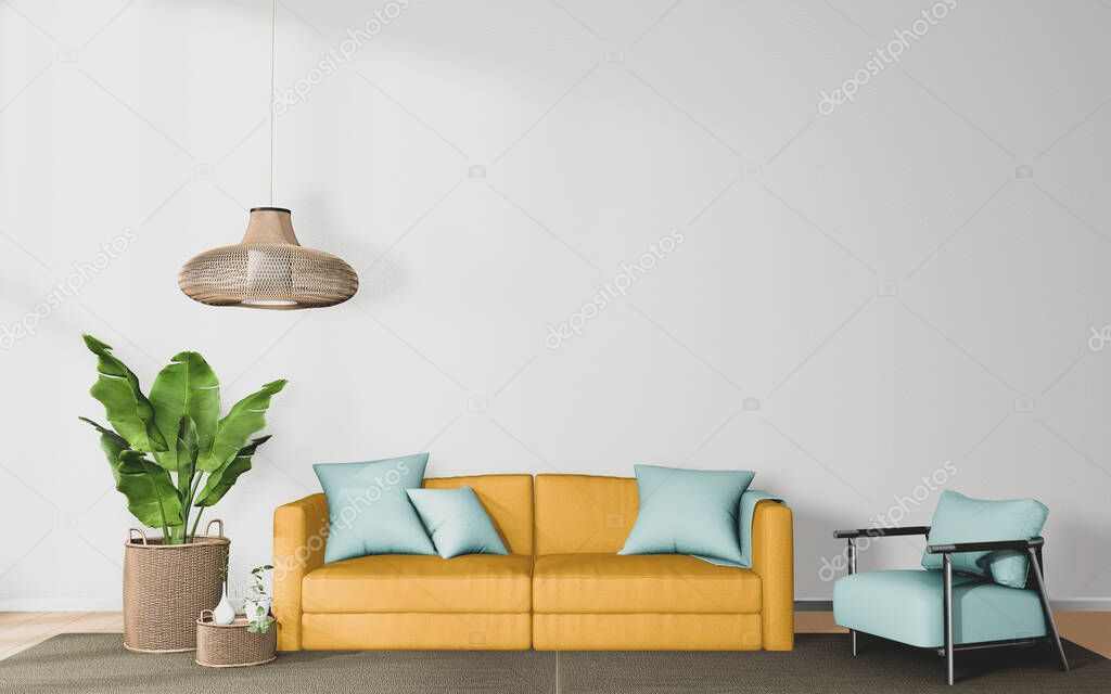 Living room with yellow sofa and decor on white wall background, 3D rendering