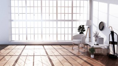 Oturma odası tropikal tarzda, koltuk ve mini dolap ahşap 3D.