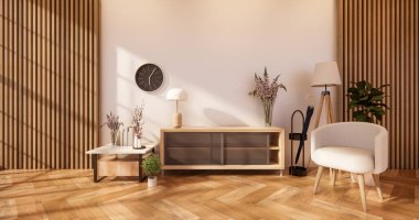 Modern odada dolap ve Japon tarzında beyaz duvar. 3d oluşturma