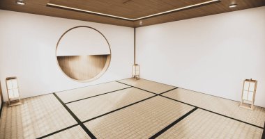 Boş oturma odasındaki rafların dizaynını tatami paspaslı Japon deisgn ile çember yapın. 3B görüntüleme