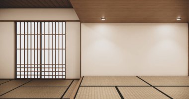 Tatami katlı boş salon. 2 basamak. Beyaz oda tropikal 3D görüntüleme.