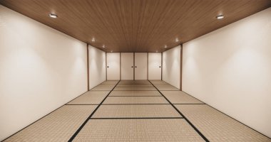Tatami paspasları ve Shoji adlı kağıt sürgülü kapıları olan oda boş.