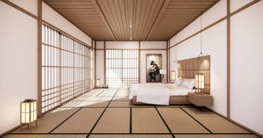 Beyaz yatak odası Japon dizaynı tropikal oda içinde ve tatami paspas zemininde. 3B görüntüleme