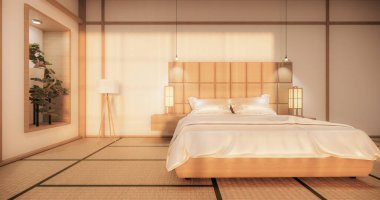 Beyaz yatak odası Japon dizaynı tropikal oda içinde ve tatami paspas zemininde. 3B görüntüleme