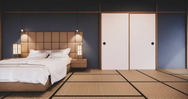 Koyu mavi yatak odası Japon dizaynı tropikal oda içinde ve tatami paspas zemininde. 3B görüntüleme