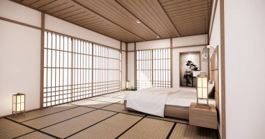 Beyaz yatak odası Japon dizaynı tropikal oda içinde ve tatami paspas zemininde. 3B görüntüleme