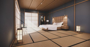 Koyu mavi yatak odası Japon dizaynı tropikal oda içinde ve tatami paspas zemininde. 3B görüntüleme