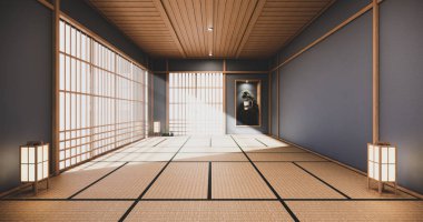 Koyu mavi Japon iç tasarımı, modern oturma odası. 3d illüstrasyon, 3d canlandırma