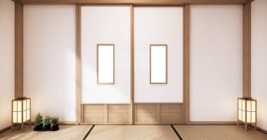 Japonya iç tasarımı, modern oturma odası. 3d illüstrasyon, 3d canlandırma