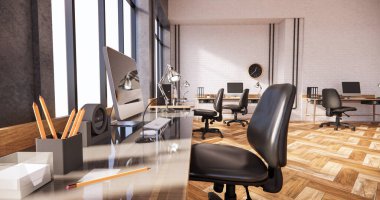 İç tavan arası tarzı, bilgisayar ve ofis aletleri masa üstünde beton ve beyaz tuğla duvar tasarımı. 3B görüntüleme