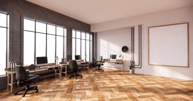 İç tavan arası tarzı, bilgisayar ve ofis aletleri masa üstünde beton ve beyaz tuğla duvar tasarımı. 3B görüntüleme