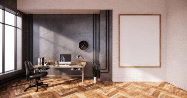 İç tavan arası tarzı, bilgisayar ve ofis aletleri masa üstünde beton ve beyaz tuğla duvar tasarımı. 3B görüntüleme