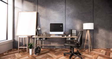 İç tavan arası tarzı, bilgisayar ve ofis aletleri masa üstünde beton ve beyaz tuğla duvar tasarımı. 3B görüntüleme