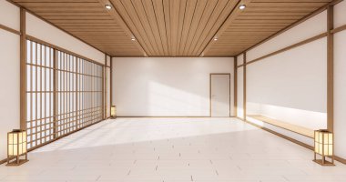 İç tasarım beyaz modern oturma odası Asya tarzı. 3d illüstrasyon, 3d canlandırma