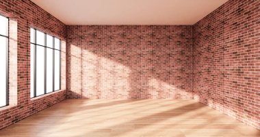Ahşap zemindeki boş tuğla duvar arka planı. 3B görüntüleme