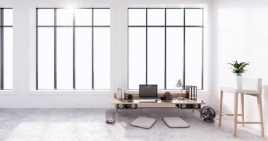 İç bilgisayar ve ofis aletleri küçük masada beyaz beton zemin ve beyaz tuğla duvar tasarımı. 3B görüntüleme