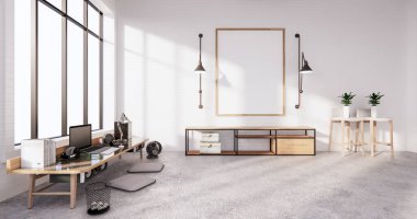 İç bilgisayar ve ofis aletleri küçük masada beyaz beton zemin ve beyaz tuğla duvar tasarımı. 3B görüntüleme