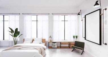 Yatak odasının içinde bilgisayar ve ofis aletleri olan bir çatı katı tarzı. 3B görüntüleme