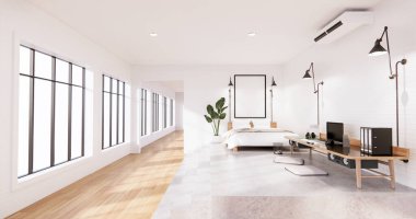 Bilgisayarlı ve ofis aletli Modern Çatı Odası İçi. 3B görüntüleme