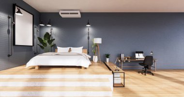 Yatak odasının içinde mavi tuğlalı bir çatı katı tarzı. 3B görüntüleme