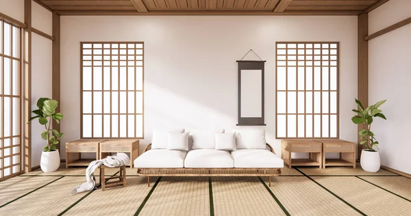 索法和分区的日本人在热带房间的内部 与Tatami垫地板和白色墙壁 3D渲染 — 图库照片
