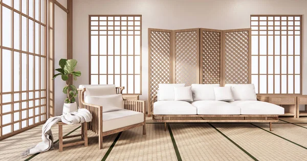 Sofa and partition japanese on room tropical interior with tatami mat floor and white wall.3D rendering