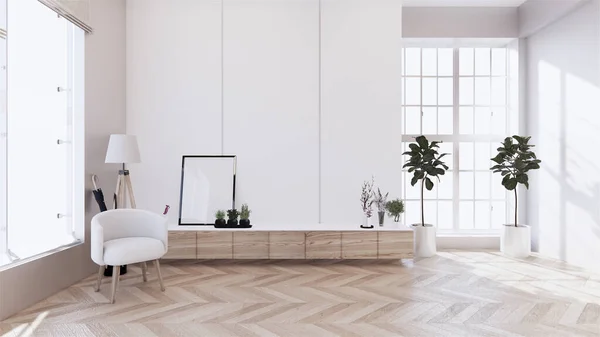 Armoire Bois Avec Sur Mur Blanc Plancher Bois Salon Intérieur — Photo