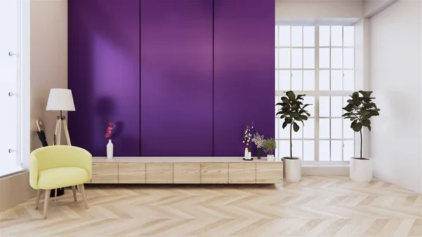 Szafka Drewniana Fioletowym Wzorem Ścian Drewnianą Podłogą Tropikalny Salon Wewnętrzny — Zdjęcie stockowe